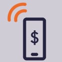 Illustration of mobile phone displaying dollar sign includes wave lines indicating it is making a near-field communication mobile payment.