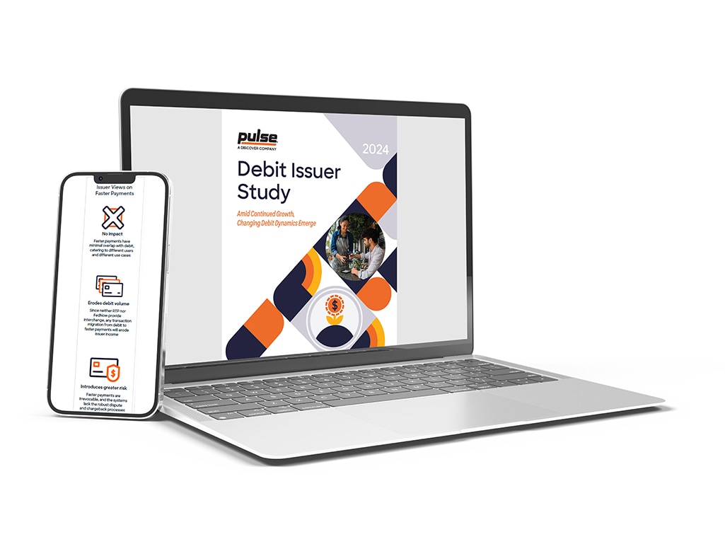 The 2024 Debit Issuer Study white paper cover is shown on a laptop screen, next to a mobile phone showing study findings.